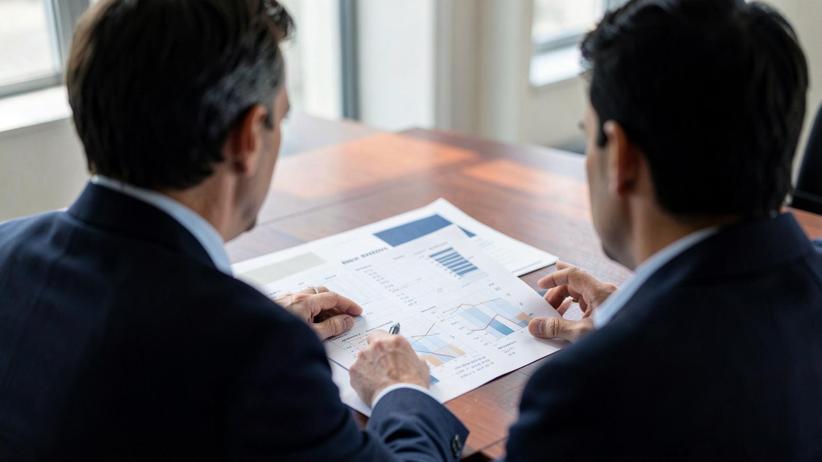 Two executives reviewing a printed financial forecast package together