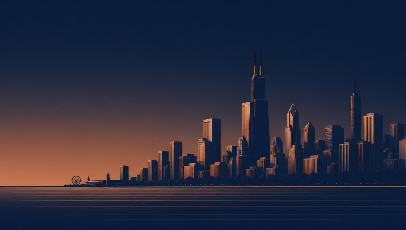 Minimal duotone illustration of the Chicago skyline at dusk