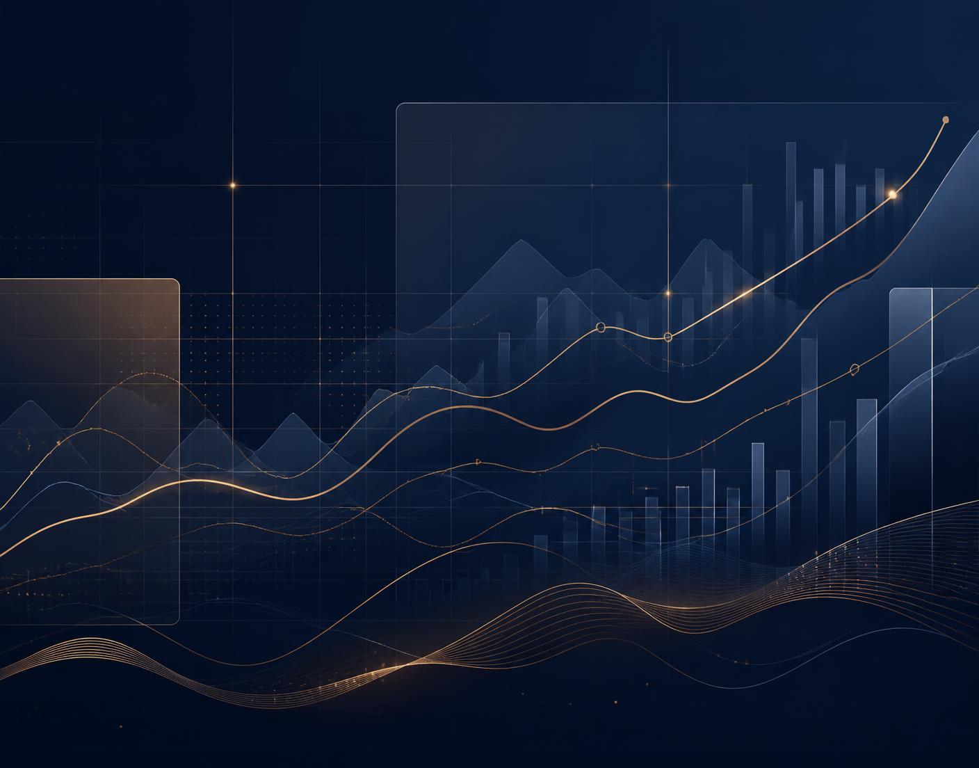 Abstract financial dashboard showing forecast lines, variance bars and cash trend curves
